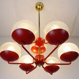 1960s chandelier, red metal and brass, 9 crackle glass shades