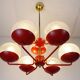 1960s chandelier, red metal and brass, 9 crackle glass shades