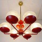 1960s chandelier, red metal and brass, 9 crackle glass shades
