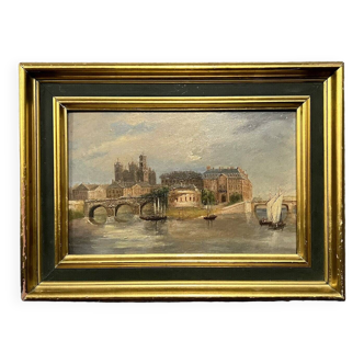 École Française du XIXeme : huile sur panneau "vue de Paris depuis la Seine" circa 1860