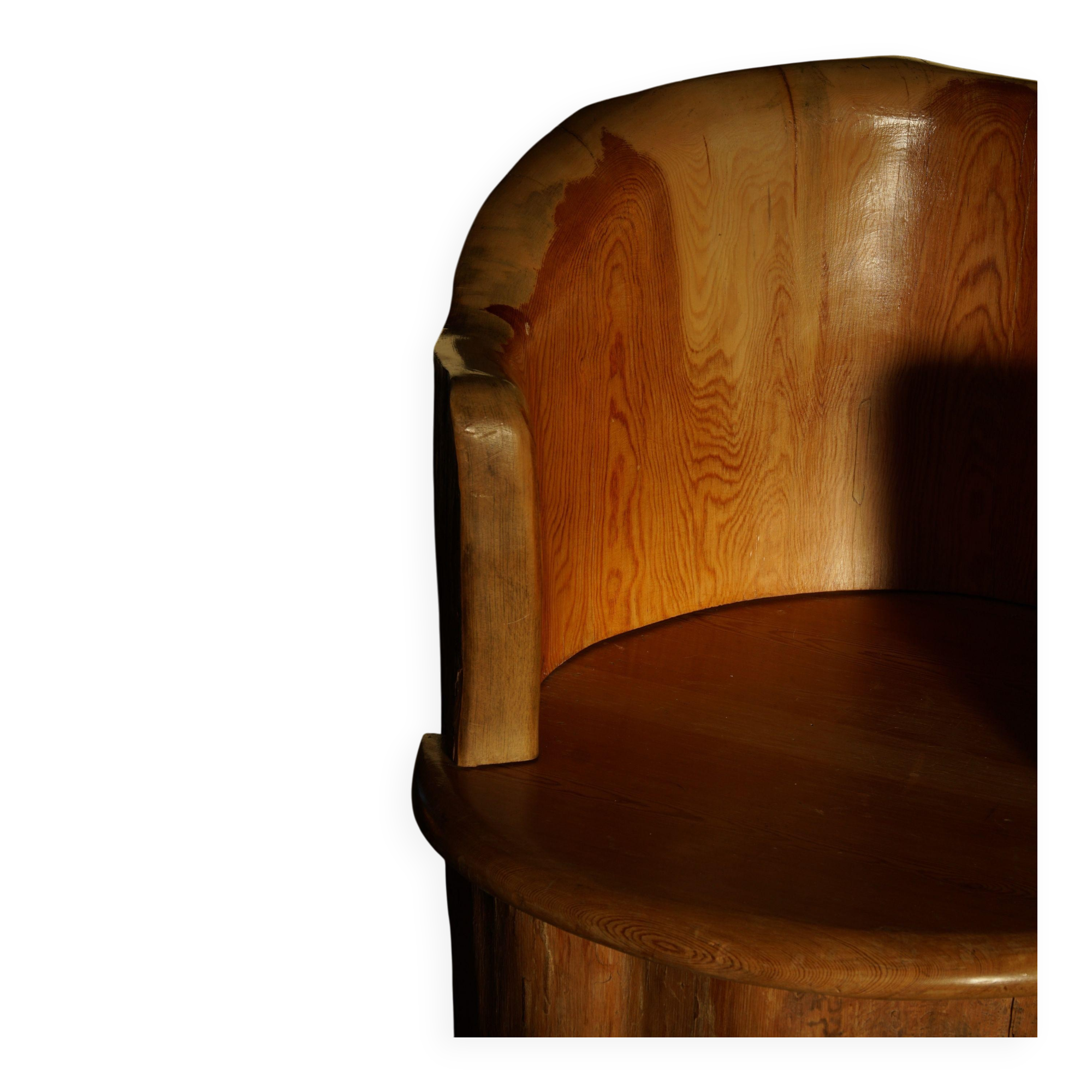 Sculptural stump chair, Brutalism, Wabi Sabi in solid pine, Swedish, 1968.