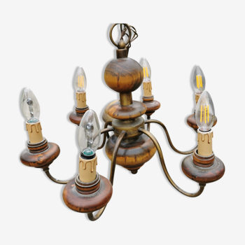 Wood and brass chandelier