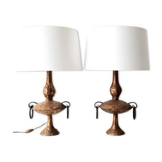 Pair of brustalist lamps in gilded bronze by Max Bré Vintage from the 70s