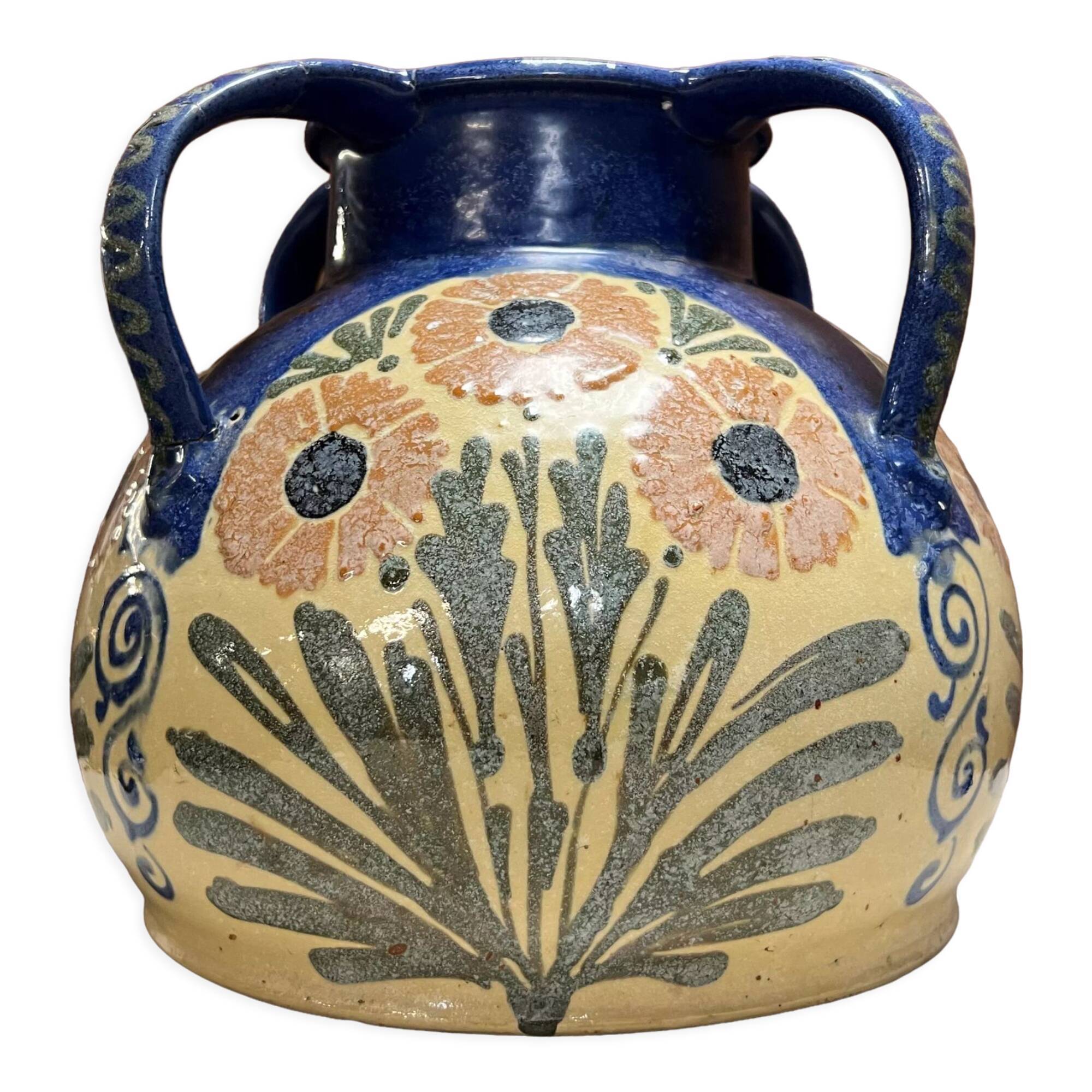 large glazed terracotta vase with 4 handles signed Léon Elchinger (1871-1942)