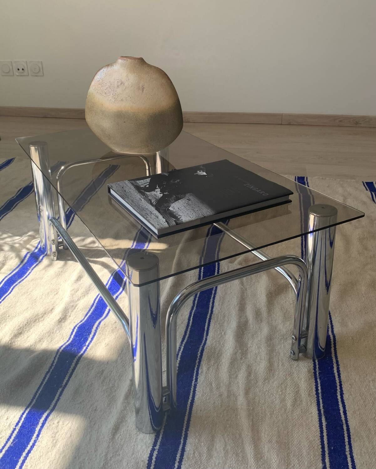 70s glass and chrome metal coffee table