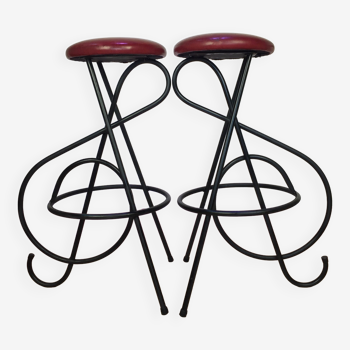 Pair of metal and leather "floor key" stools