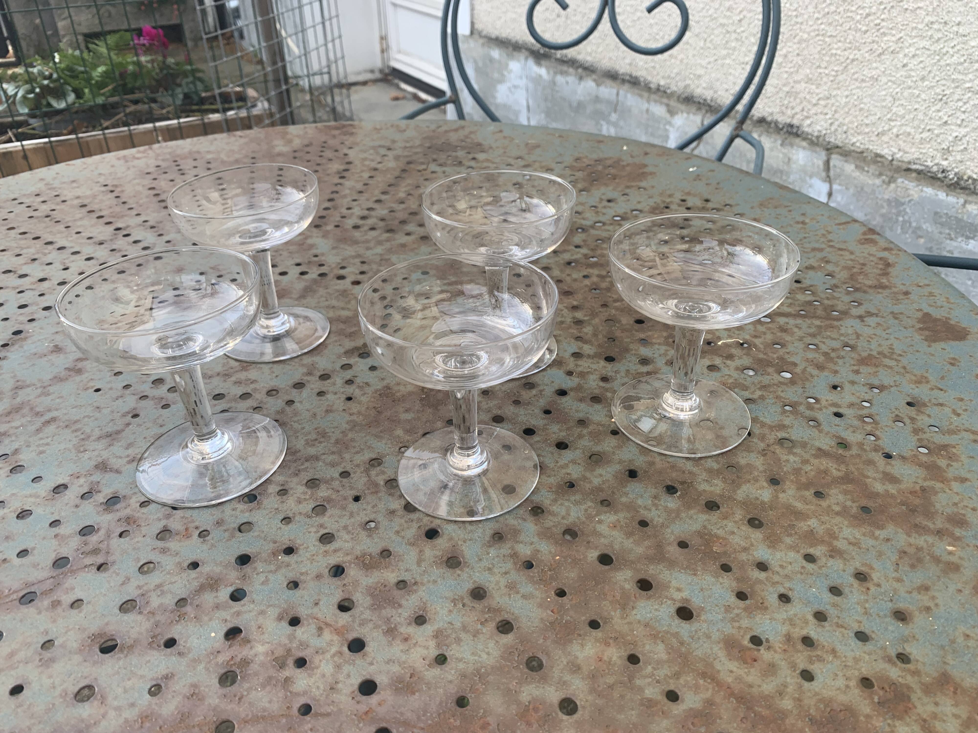 5 vintage transparent glass champagne glasses