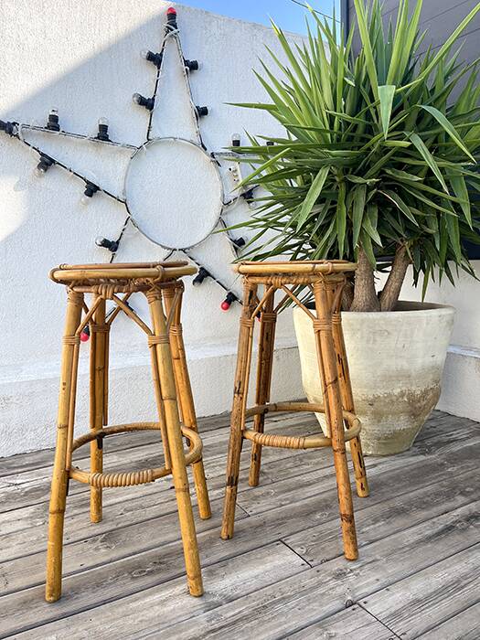 Paire de tabouret en bambou et rotin