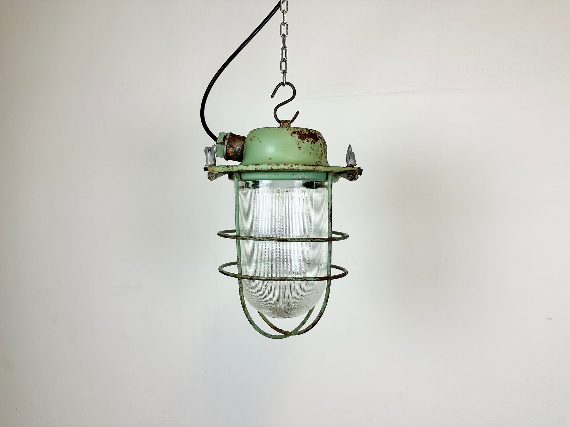 Green Industrial Soviet Bunker Pendant Light with Iron Grid, 1960s