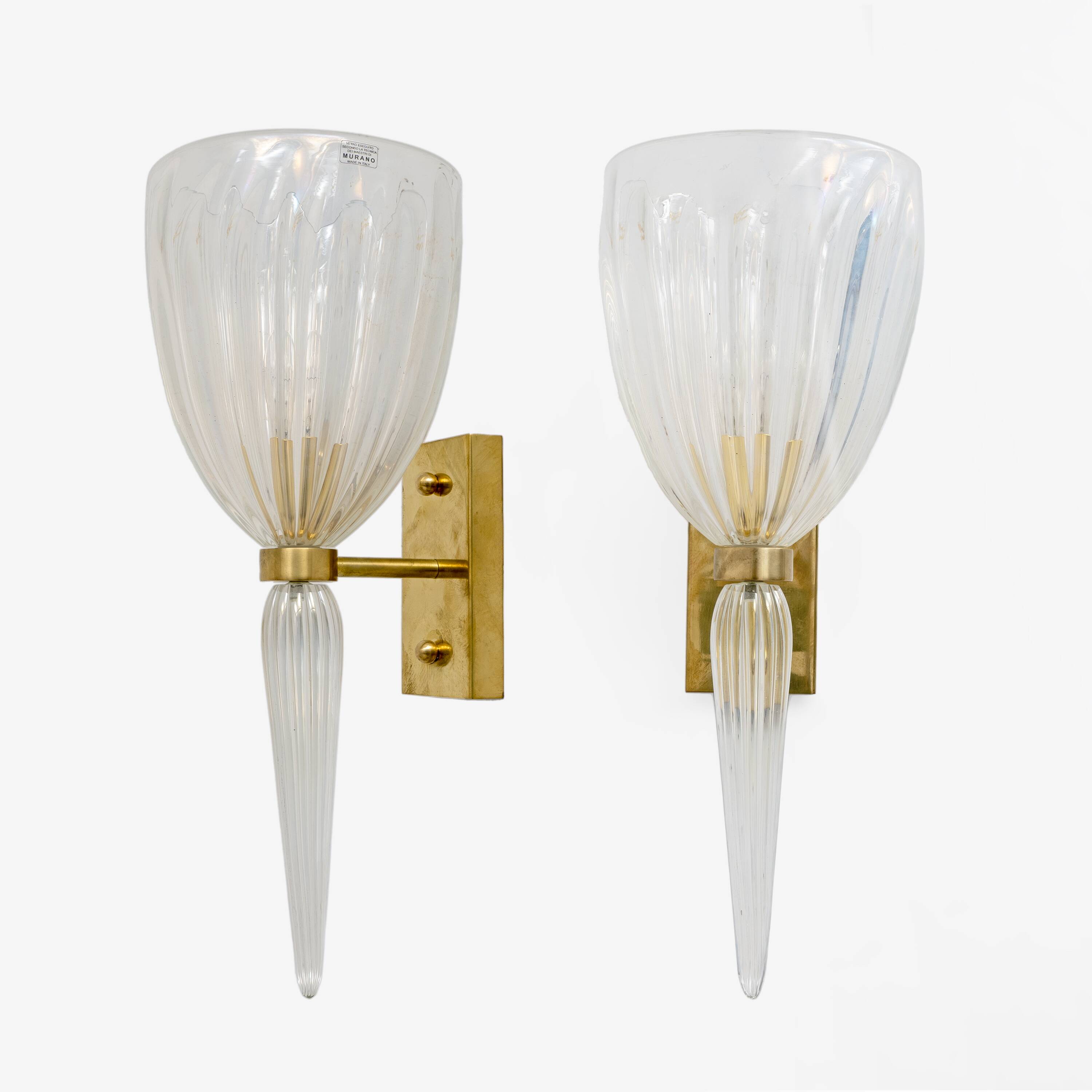 Pair of Italian Murano Iridescent Glass and Brass Wall Sconces