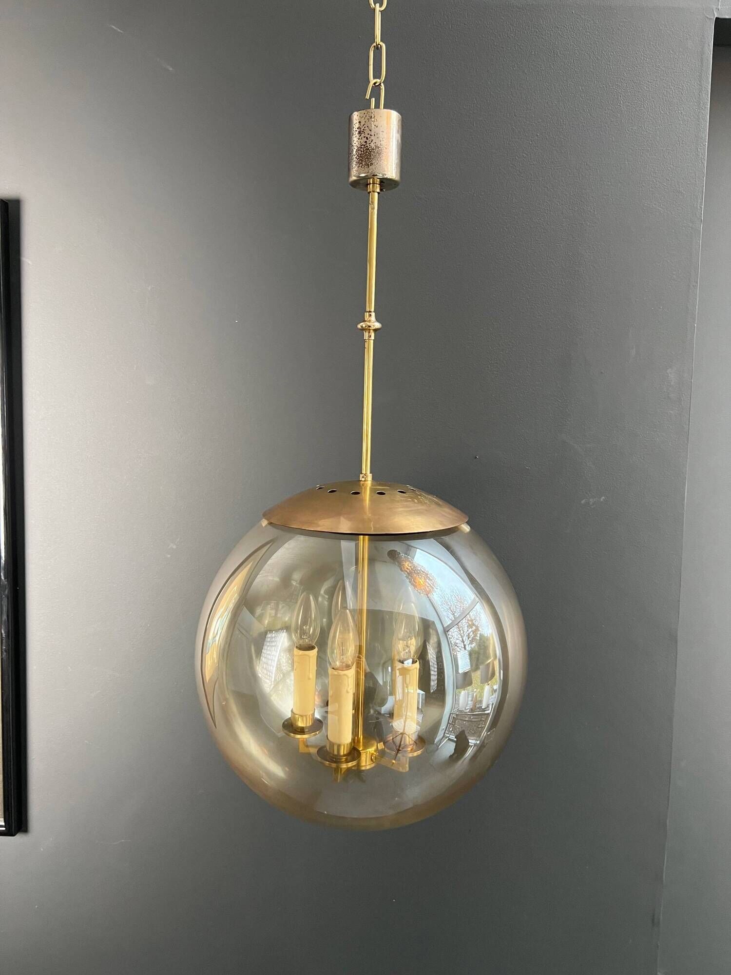 Smoked Glass and Brass Four-Light Suspension Pendant. French Work.