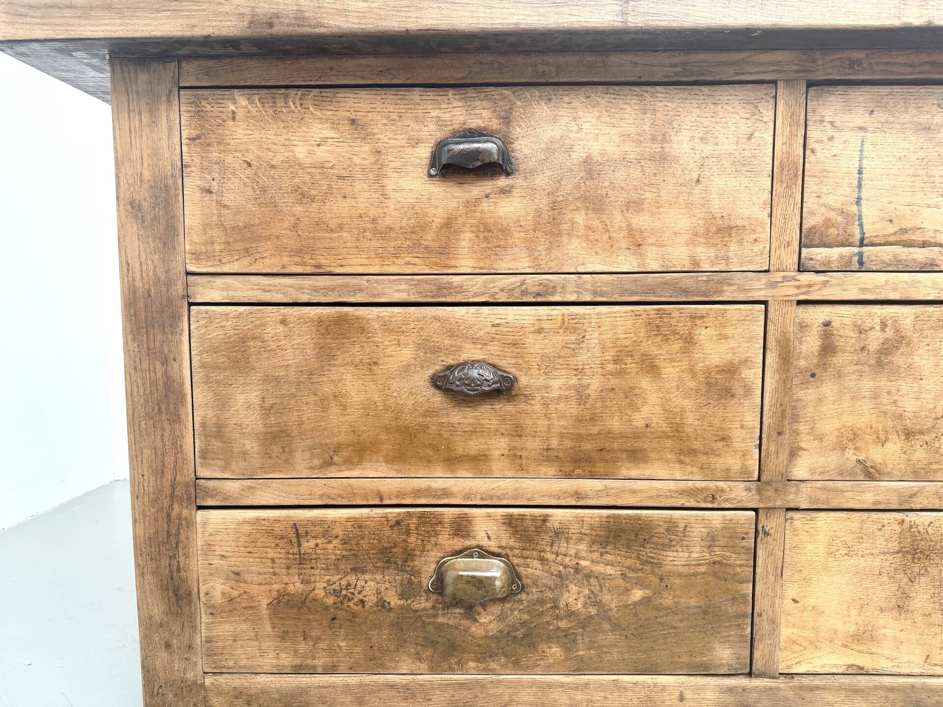 Solid oak trade counter, six drawers, France, circa 1920.