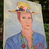 Canvas signed portrait "woman with straw hat"