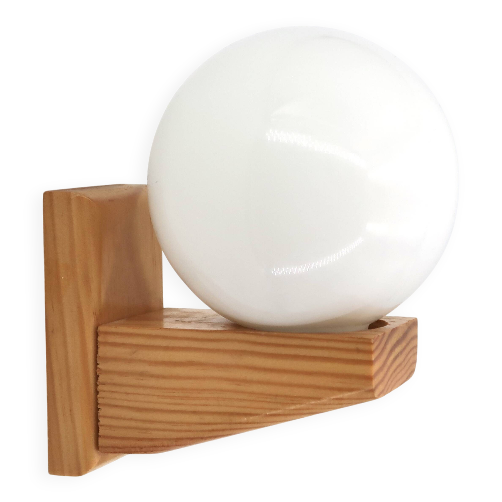 Wall light in pine wood with opaque white glass globe, 1980s
