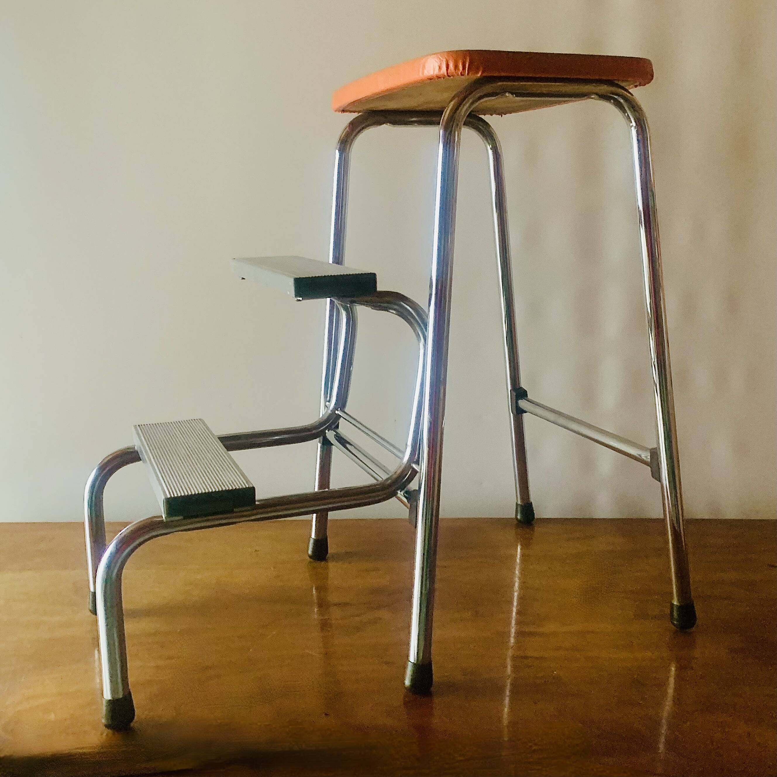 Vintage Brabantia step stool in wood, Skai and chrome metal