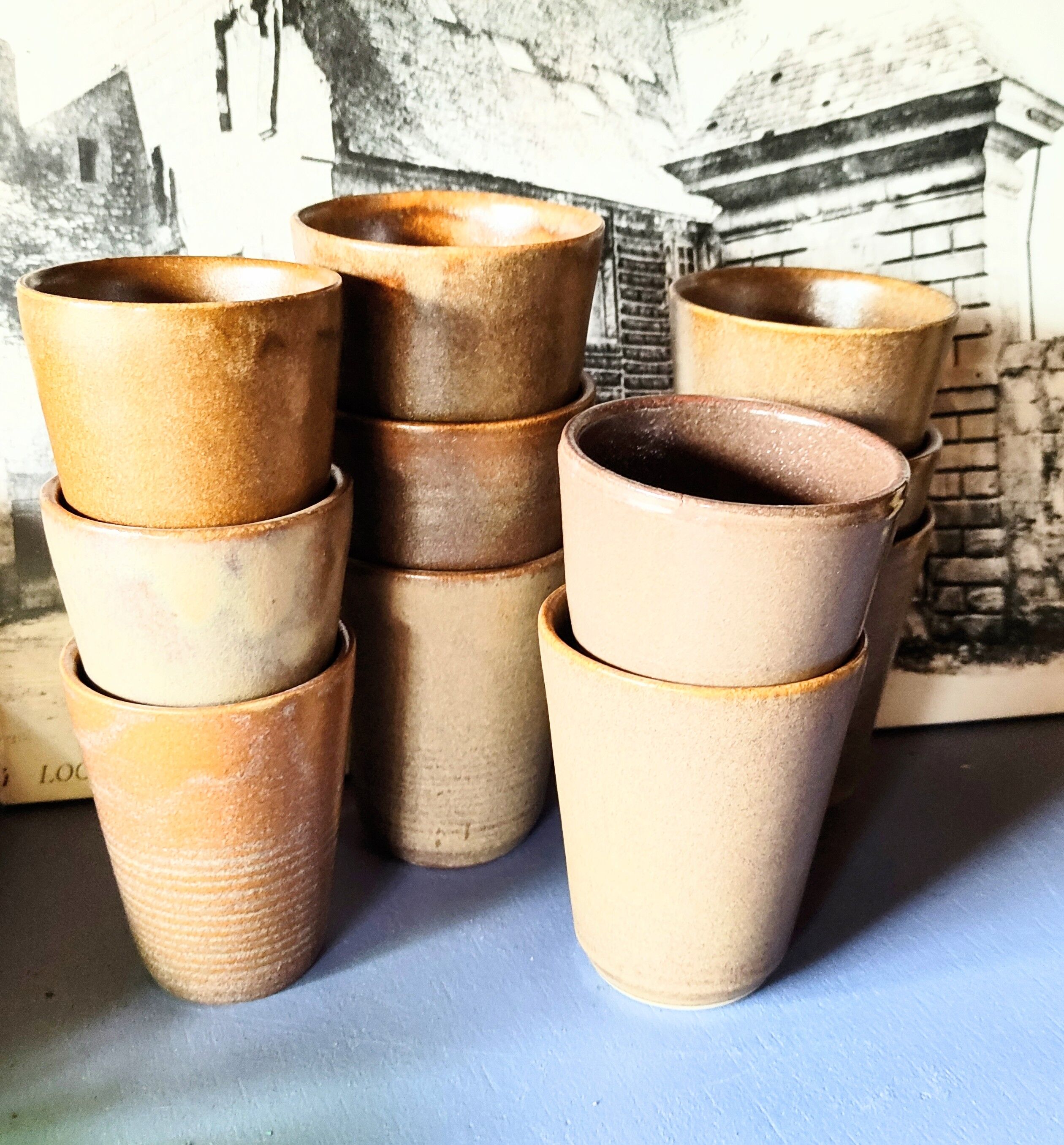 Set of Digoin stoneware cups or glasses