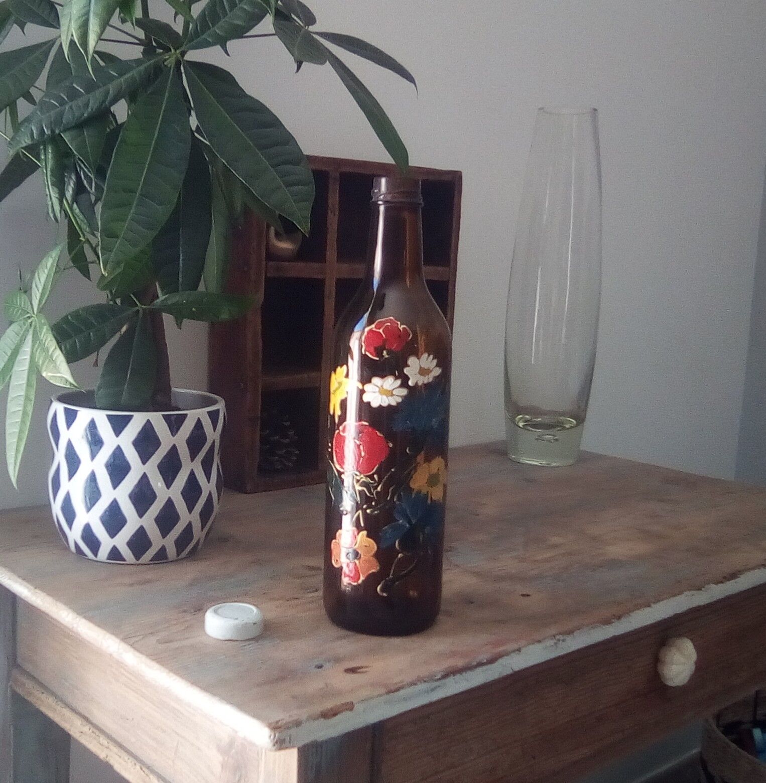 Vintage hand-painted amber glass bottle