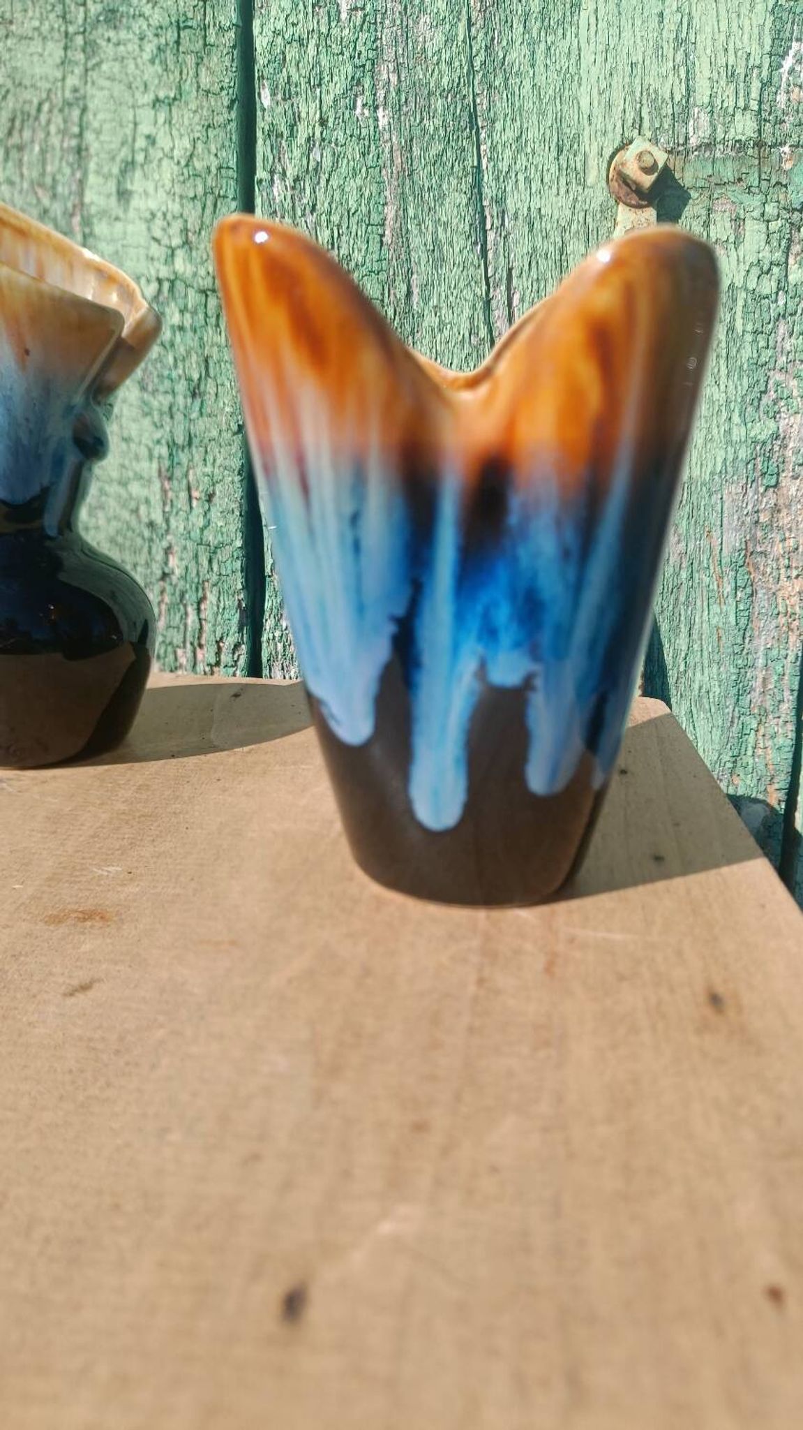 "Pair of vintage glazed ceramic vases – blue flamed glaze – ann"