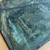 Tableau HSP "L'étang arboré" Parc signé C. Moris 1909