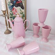 Service à café, cafetière et 5 mazagrans roses