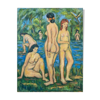 Large painting hst "baigneuses" marcelle guetta-fattal (1922-2009) fauvism