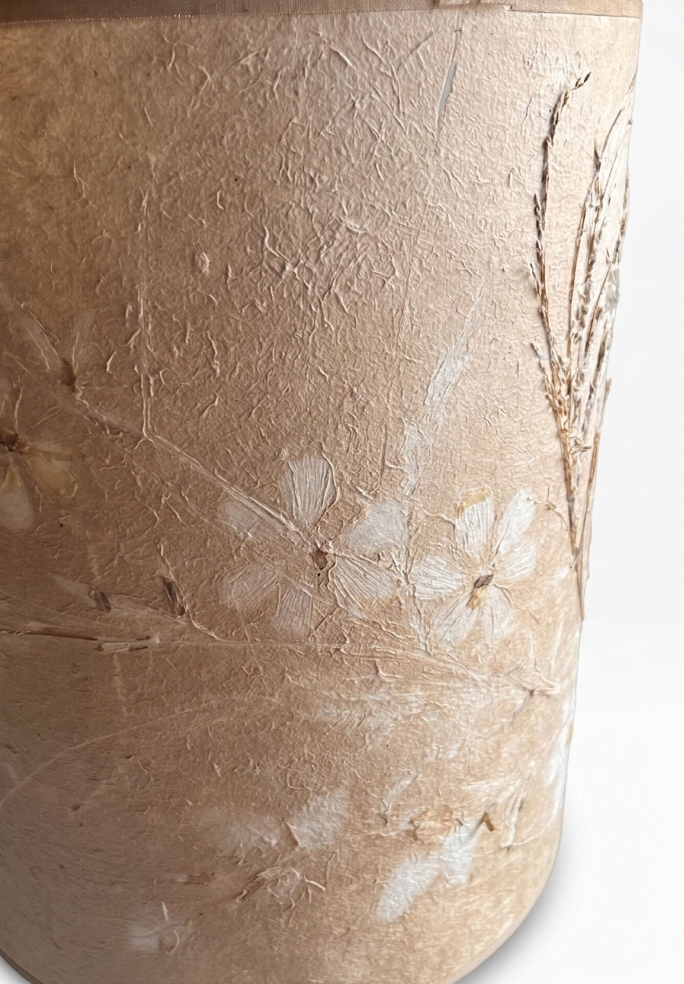 1970s brutalist lamp, handmade lampshade with herbarium/base in stone.