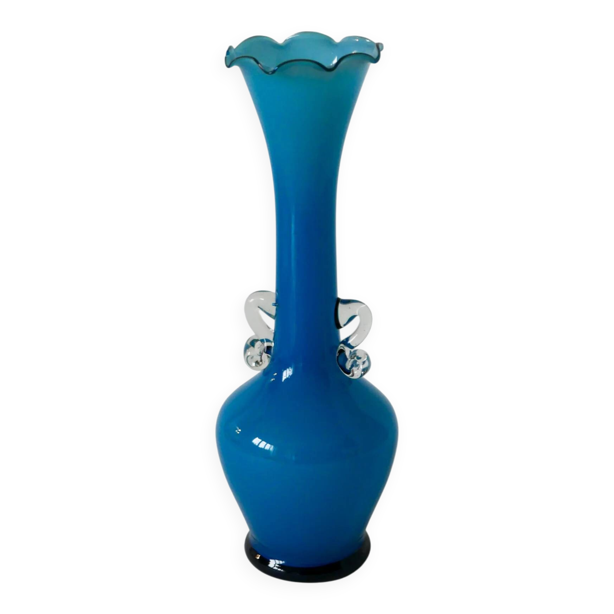Sky blue opaline vase with scalloped edges and small handles, design from the 1960s.