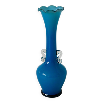 Sky blue opaline vase with scalloped edges and small handles, design from the 1960s.