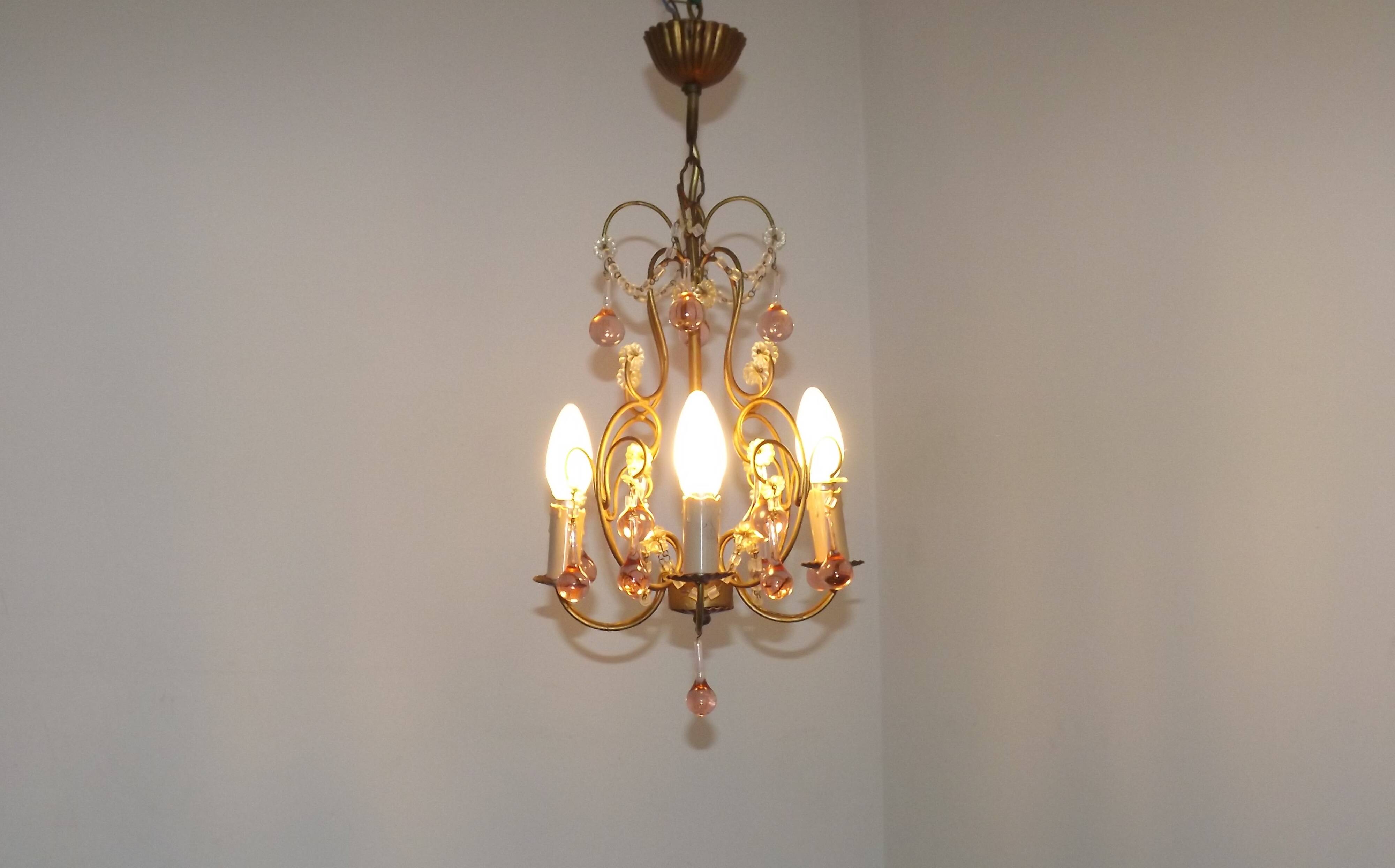 French Vintage 4 Light Metal Cage Chandelier with Bead Swag and Pink Murano Drops