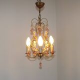 French Vintage 4 Light Metal Cage Chandelier with Bead Swag and Pink Murano Drops