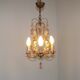 French Vintage 4 Light Metal Cage Chandelier with Bead Swag and Pink Murano Drops