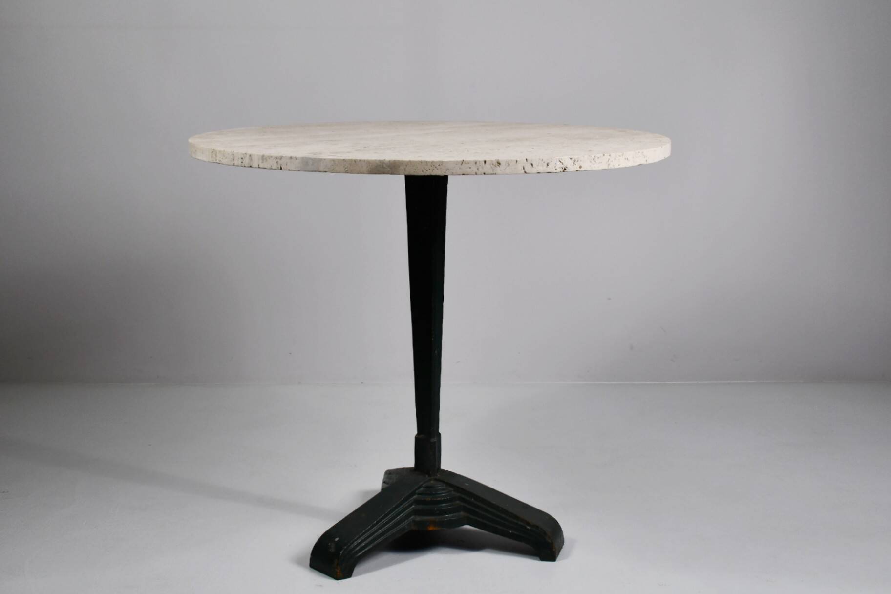 Vintage travertine bistro/dining table, solid metal base. (A)