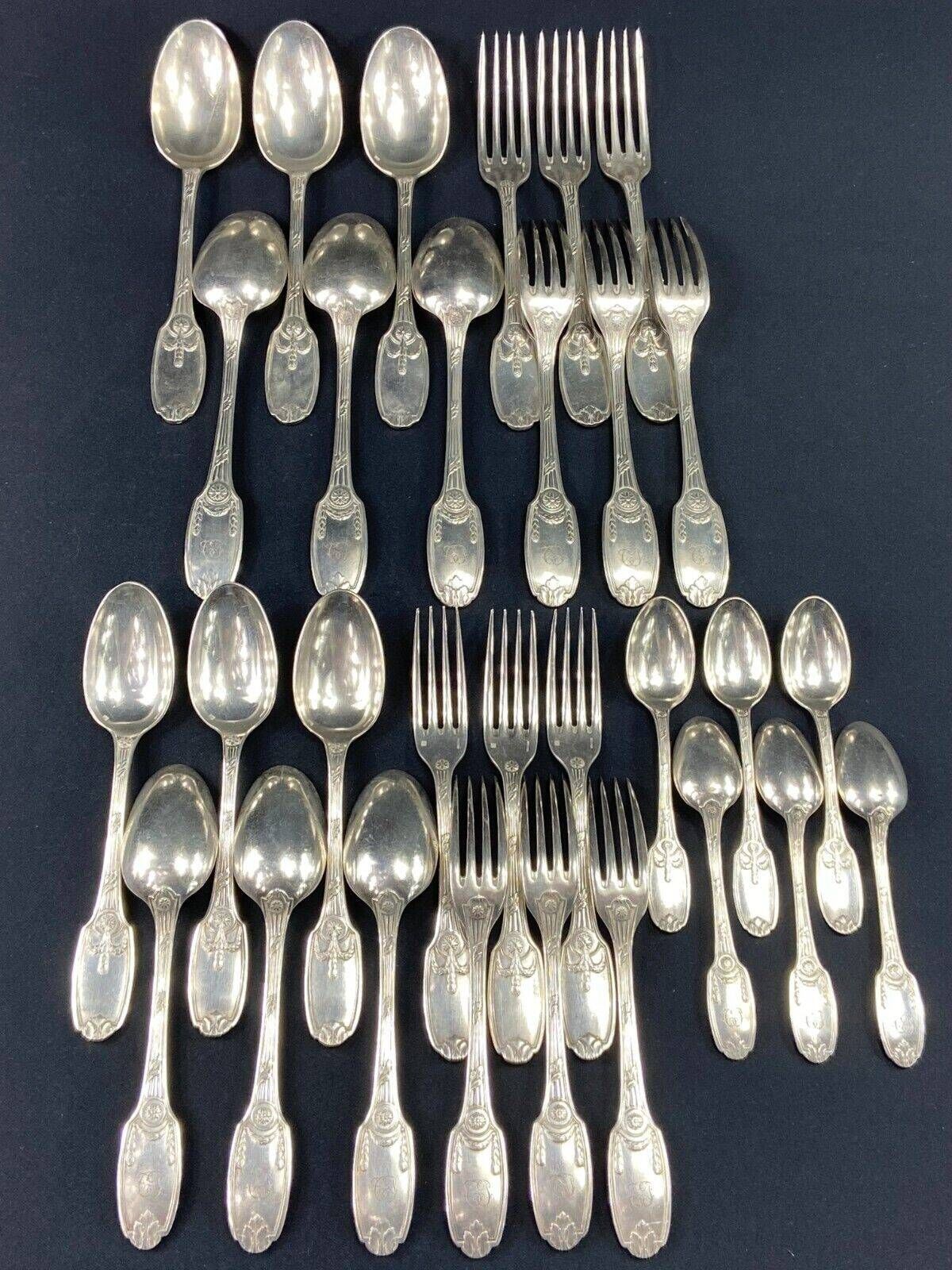Christofle cutlery set silver metal Empire large cutlery and desserts, spoons