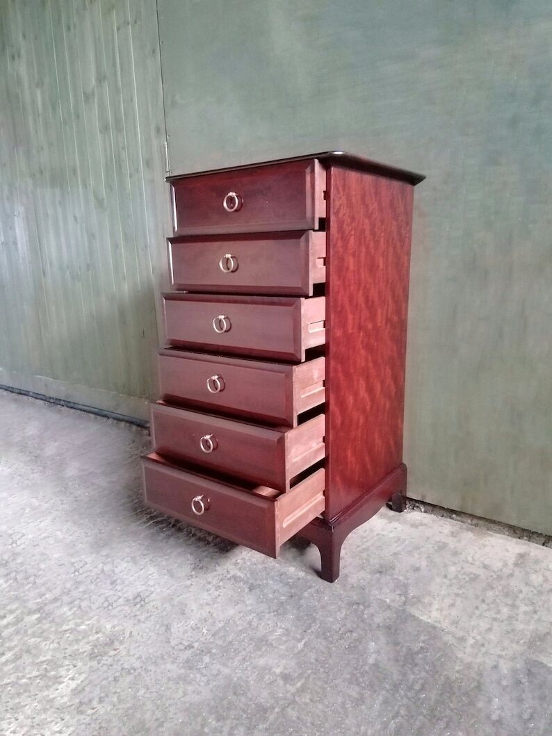 Midcentury 1970s stag minstrel six drawer narrow chest of drawers tallboy by John and Sylvia Reid
