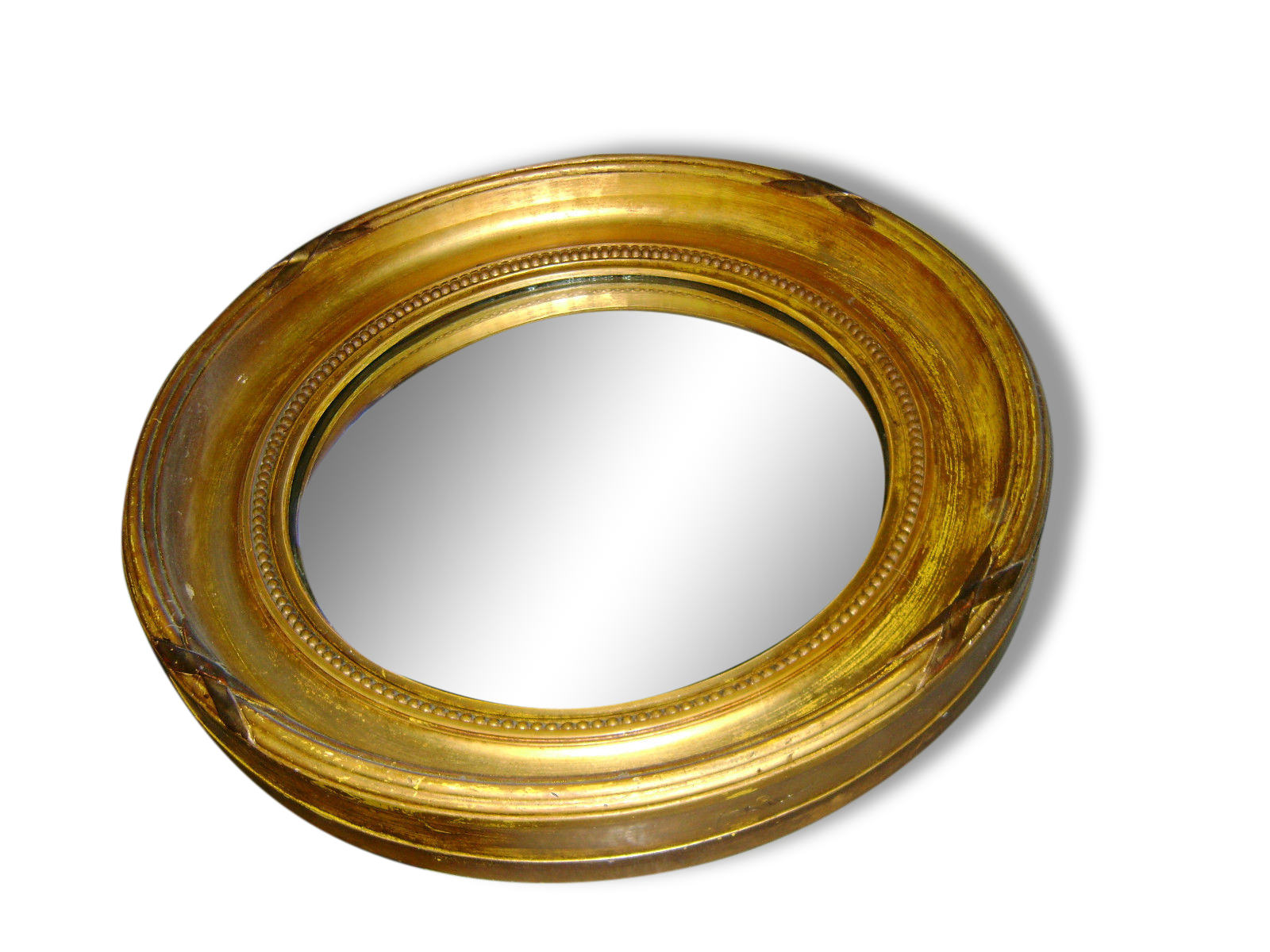 Miroir Ancien œil De Sorcière Bombé - Cadre Bois Doré, Diamètre 25 Cm, Vintage