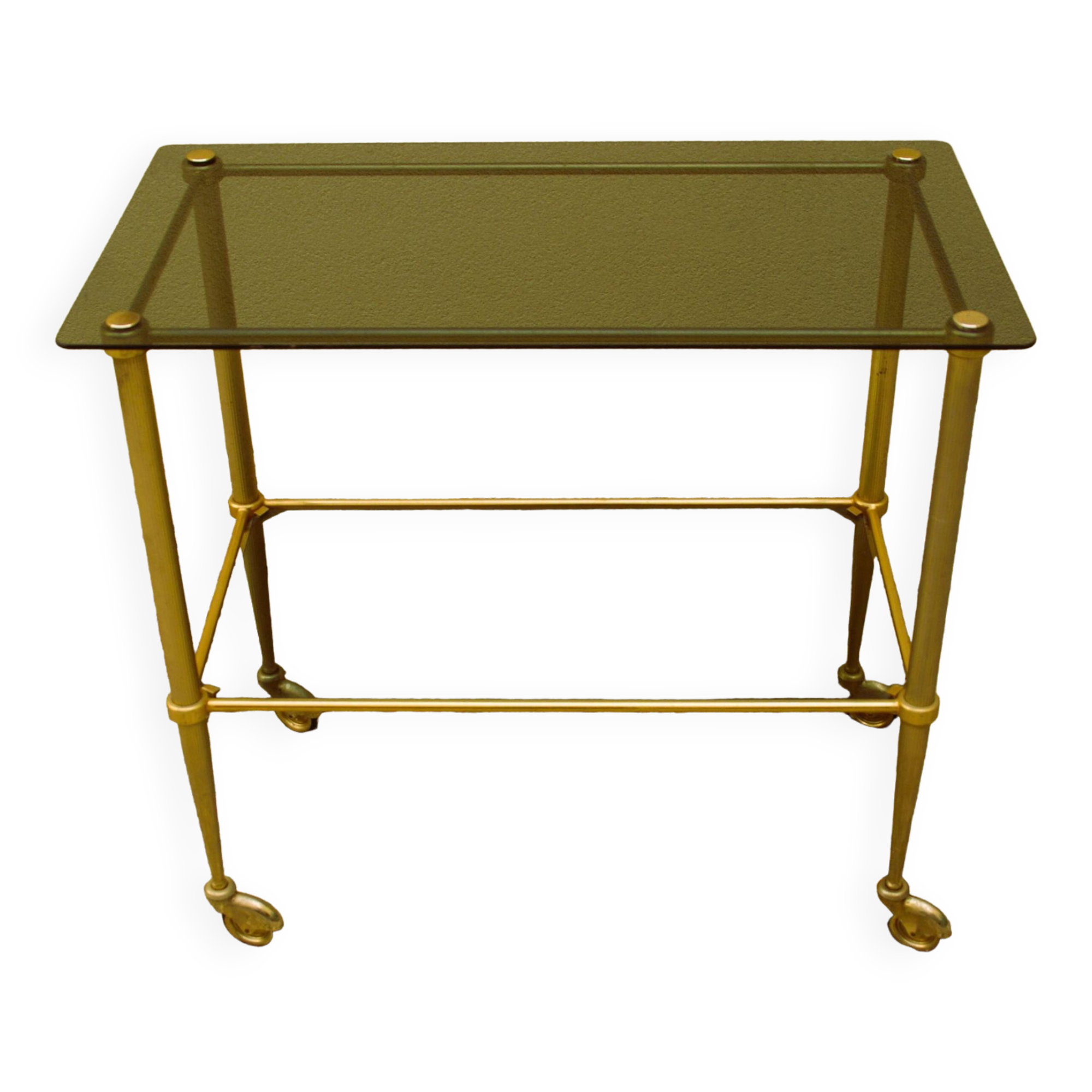 Antique brass serving trolley with smoked glass top, Louis XVI style.