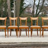 5 Louis XVI chairs in solid wood and beige tiled suede