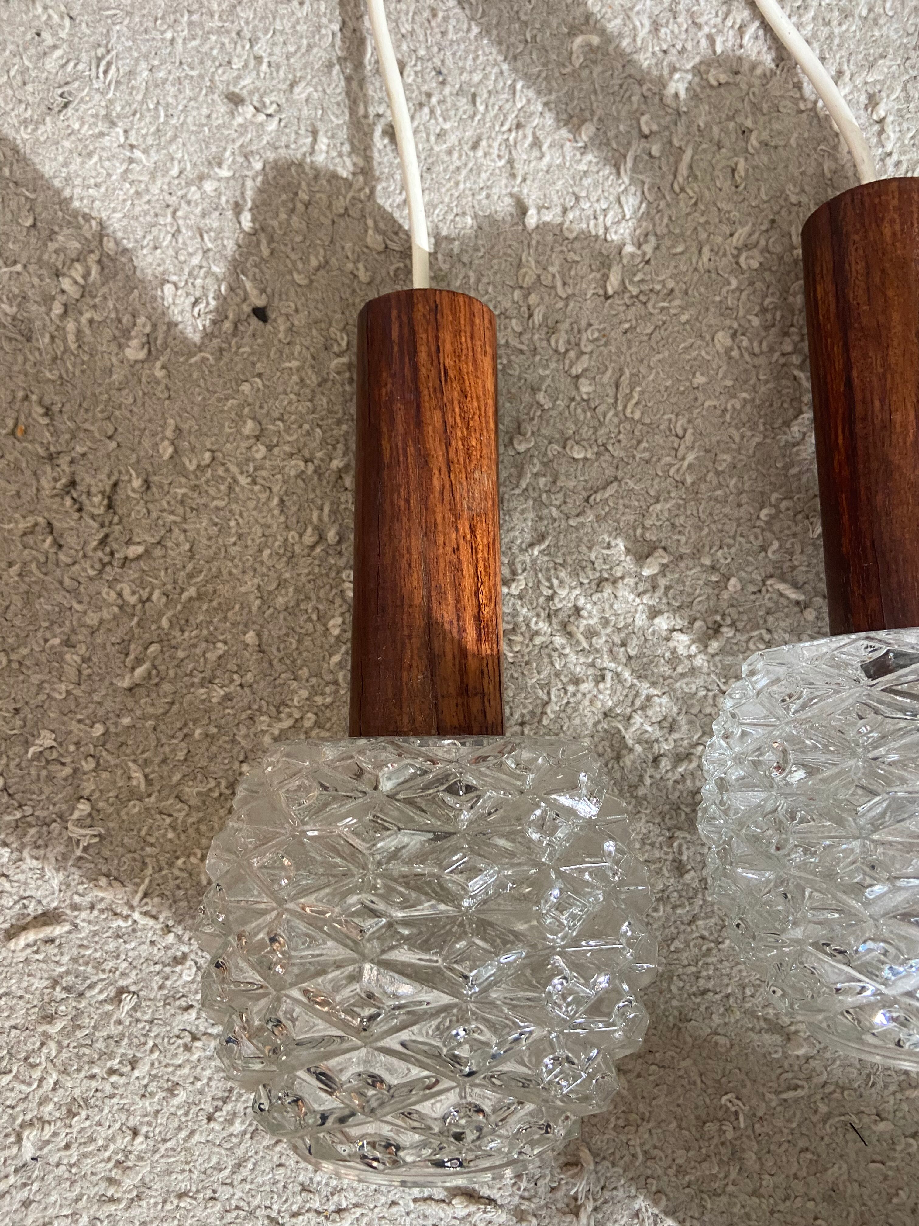 Pair of suspension in teak and vintage Scandinavian glass