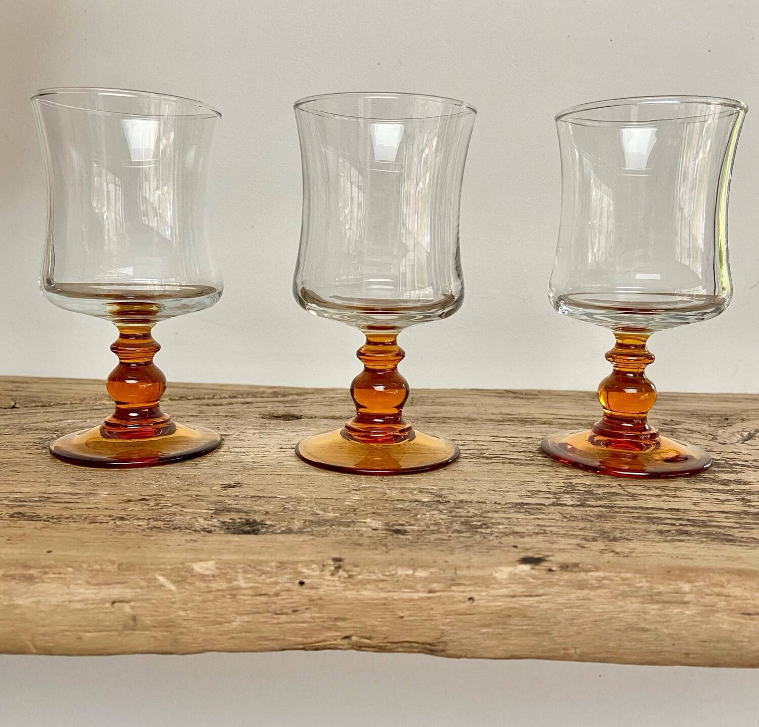 6 small vintage amber stemmed glasses