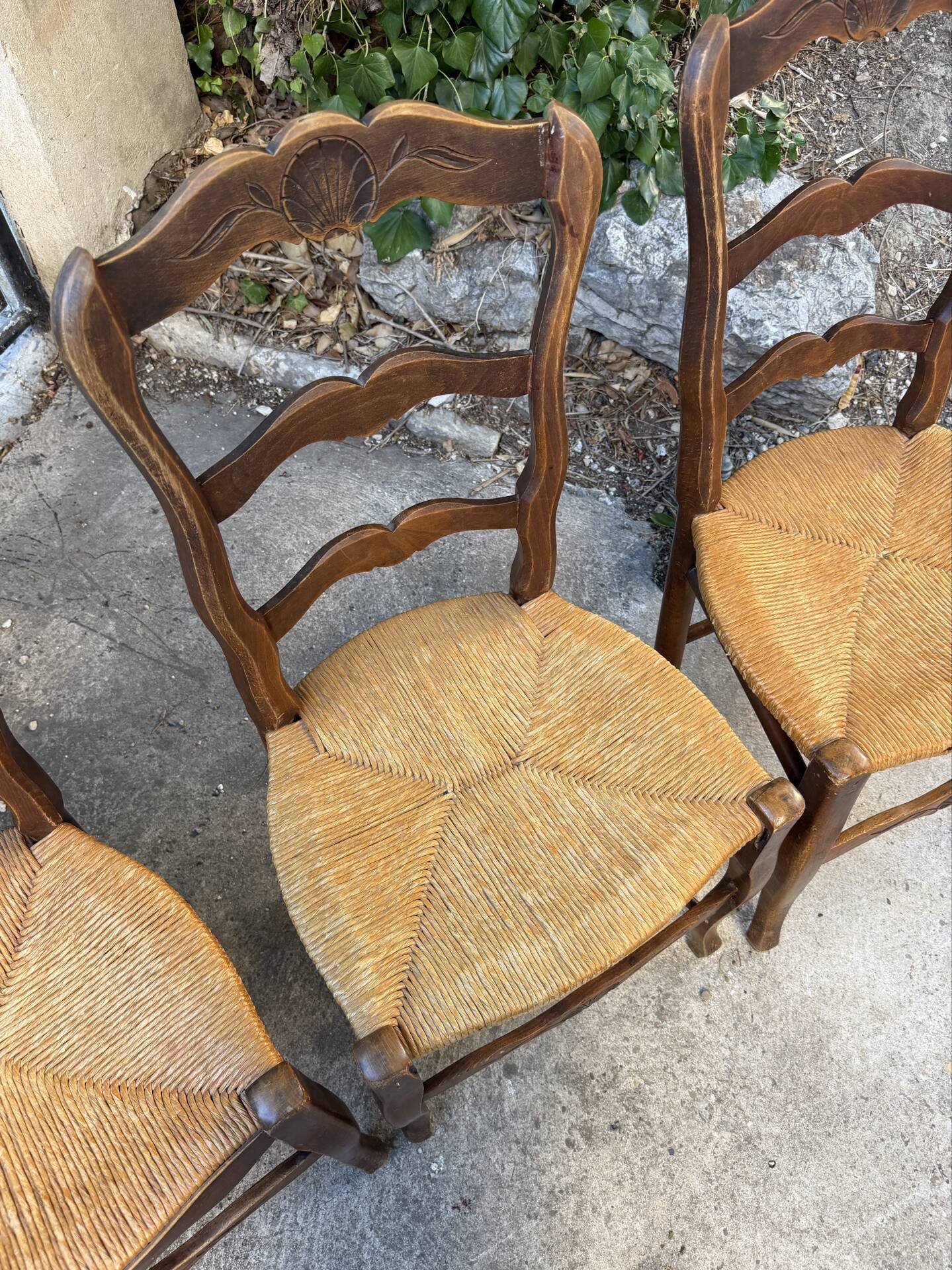 Set of 4 Provençal oak chairs with rush seats.