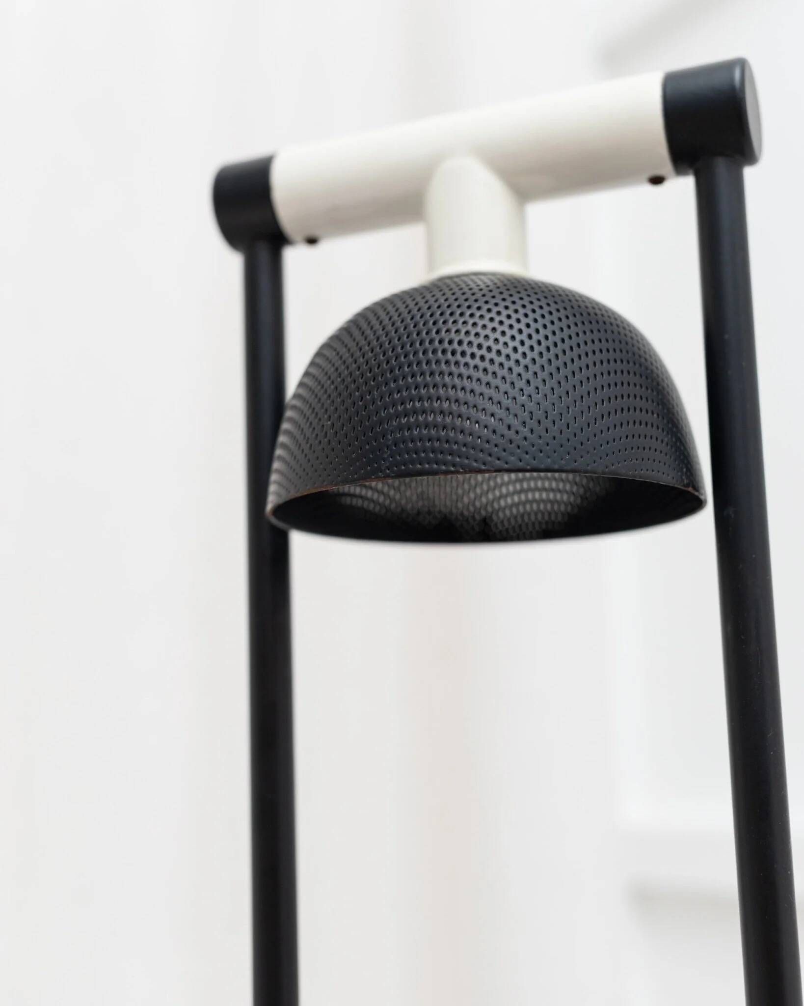 Vintage black metal table lamp with frosted glass disc, Italy, Postmodern Memphis 1980s