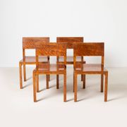 Set of 4 unique Bauhaus modernist dining chairs in birch, Prague, 1940s.