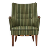 Années 1960, fauteuil danois, laine d'ameublement verte, bois de teck.