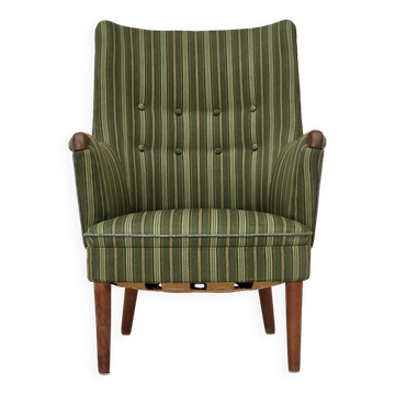 Années 1960, fauteuil danois, laine d'ameublement verte, bois de teck.