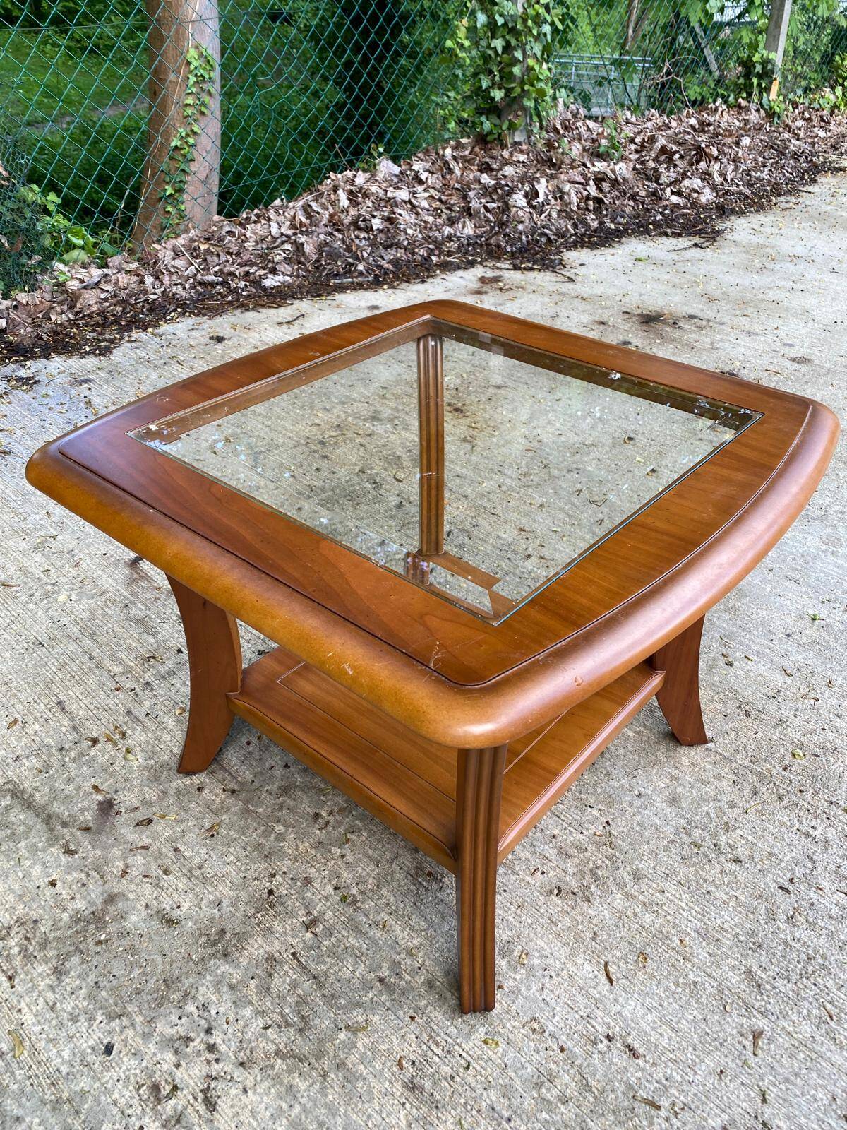 Scandinavian square coffee table, curved wood and glass, 60cm