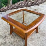 Scandinavian square coffee table, curved wood and glass, 60cm
