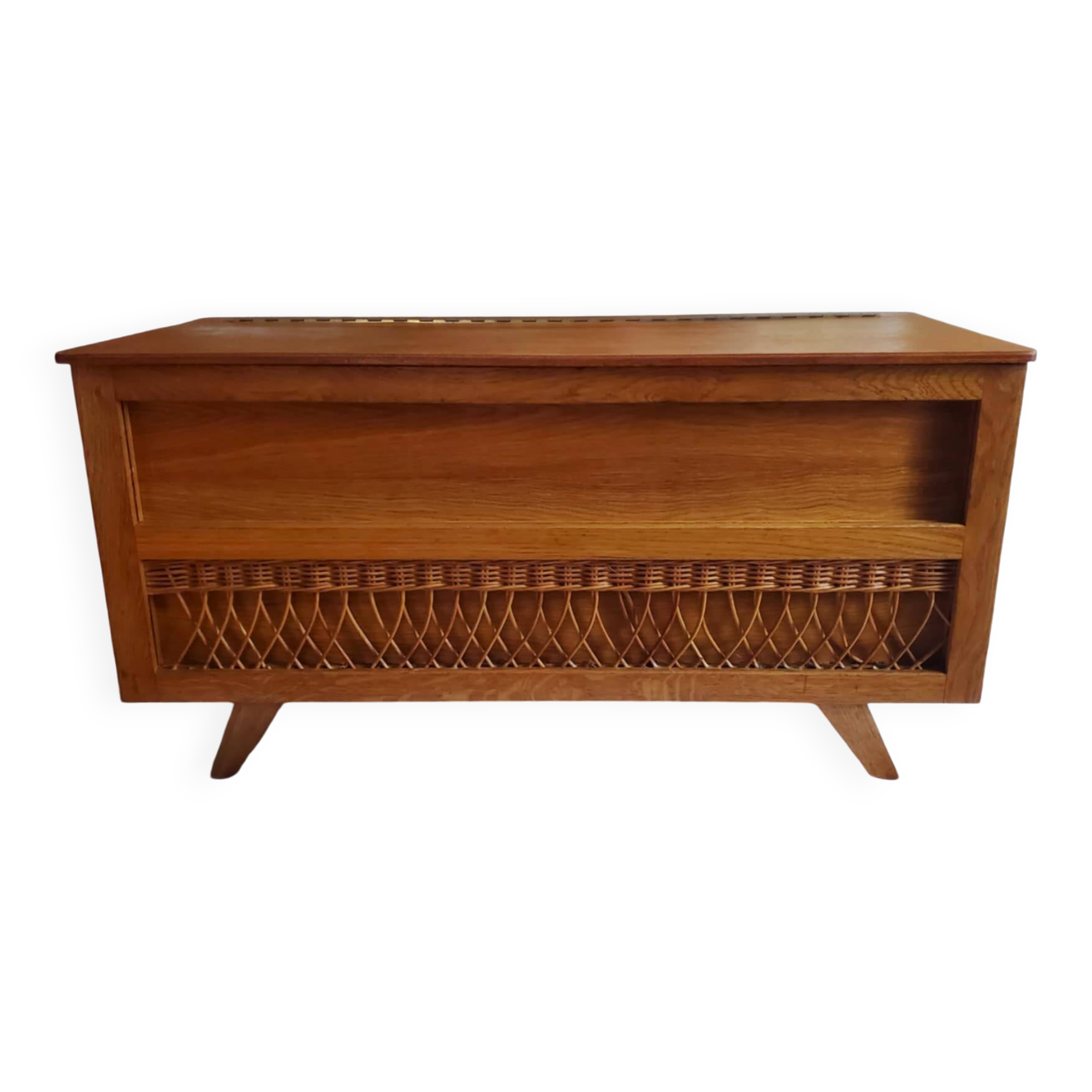 Vintage 1970s wooden and rattan toy chest