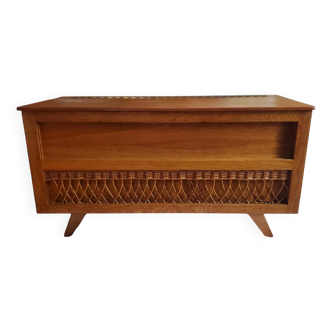 Vintage 1970s wooden and rattan toy chest