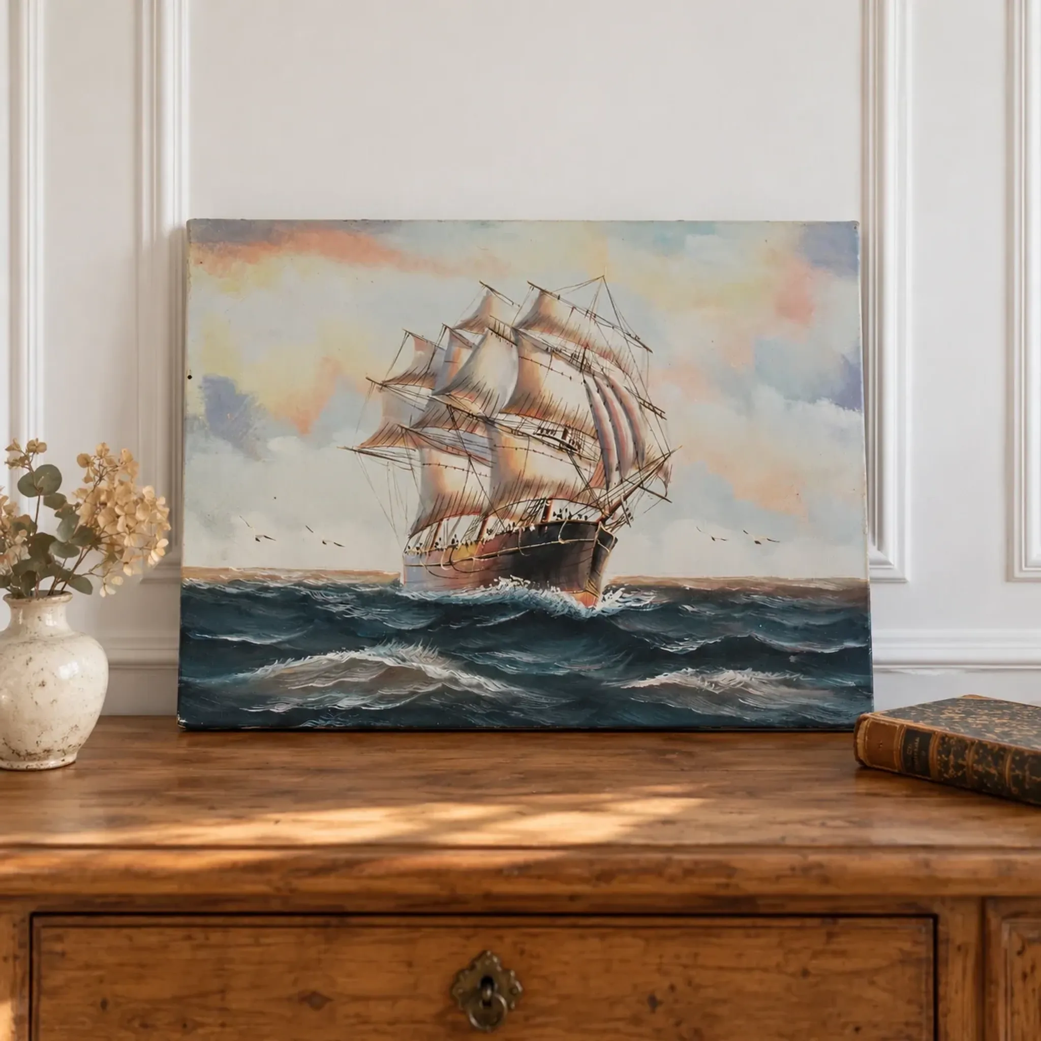 Marine painting on canvas – Large sailing ship at sea – 40 × 30 cm
