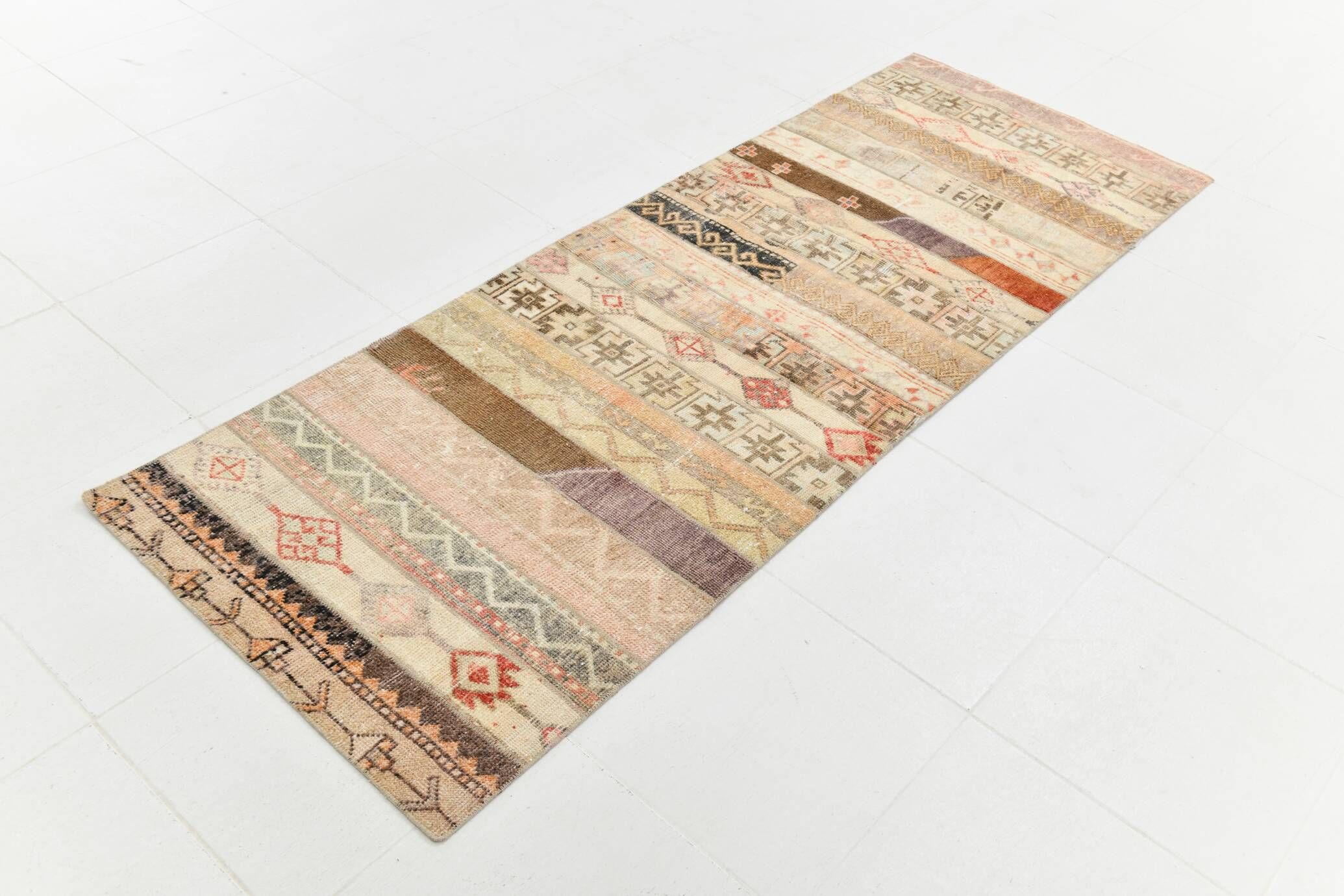 Cream Beige Turkish Vintage Runner Rug, 80x224Cm